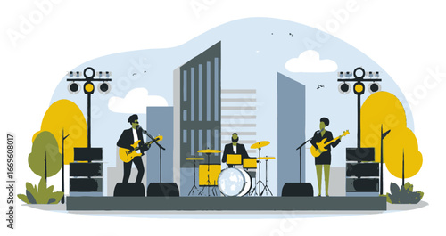 Cartoon Style Band Playing Music on Stage with City Background