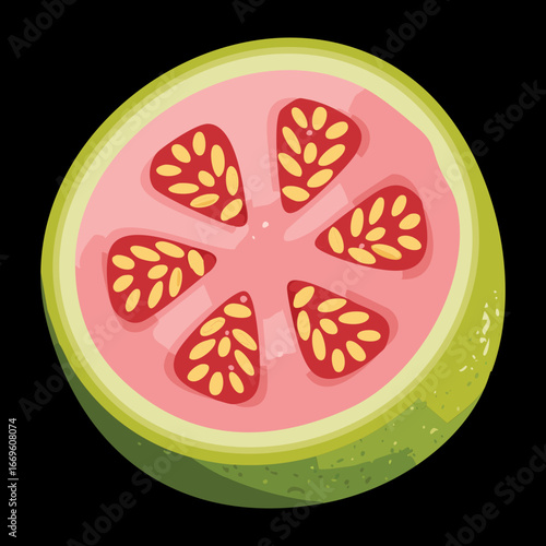 A half-cut pink guava showing the details of its pulp and seeds, a natural and healthy snack - Vector Illustration