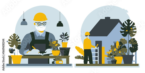 Cartoon gardener planting flowers and tending plants in colorful flat style
