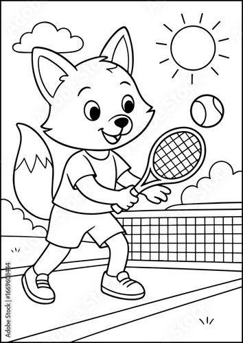 Coloring Page, A fox tennis player hitting the ball across the court.