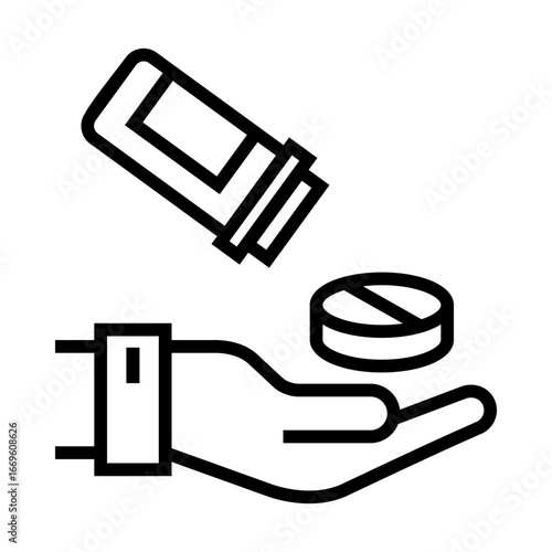Icon Outline of a hand open to receive or hold round pills being poured from a medicine bottle, symbolizing medication, health care, or pharmaceutical services. Design vector symbol illustration.