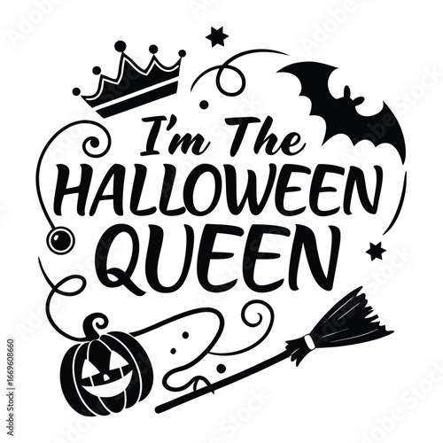 Halloween Queen Crown Bat Pumpkin Broom Text vector illustration