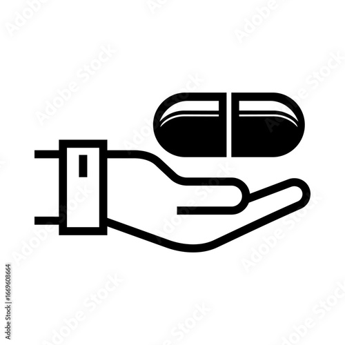 Icon vector illustration of a hand offering medicine capsules, symbolizing healthcare, treatment, and medical support.