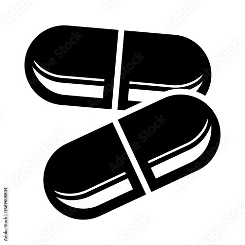 Black and white vector illustration of capsules or pills. Minimalist medical icon representing healthcare, pharmacy, medication, treatment, and medicine.