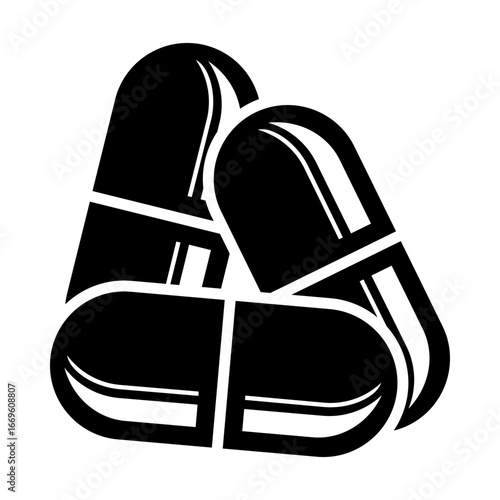 Black and white vector illustration of capsules arranged together. Minimalist medicine icon symbolizing healthcare, pharmacy, medication, supplements, and treatment.