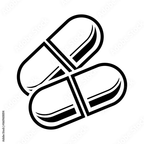 Black and white vector illustration of two capsules crossed together. Minimalist medical symbol representing healthcare, pharmacy, supplements, and medication.