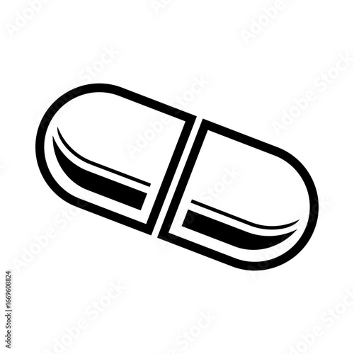 Black and white vector illustration of a capsule pill. Minimalist medical design symbolizing medicine, healthcare, supplements, and treatment.