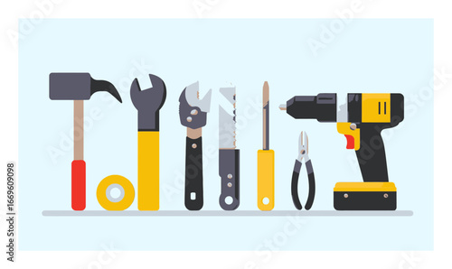 Colorful Flat Cartoon Tools Designed for Modern DIY and Construction