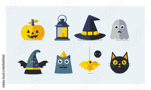 Colorful Cartoon Halloween Characters with Pumpkin, Ghost, and Witch Hat