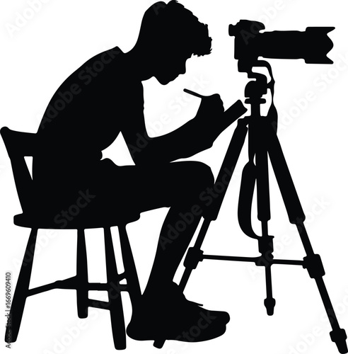 Silhouette of Photographer Writing Notes Beside Camera on Tripod, Creative Media and Artistic Work