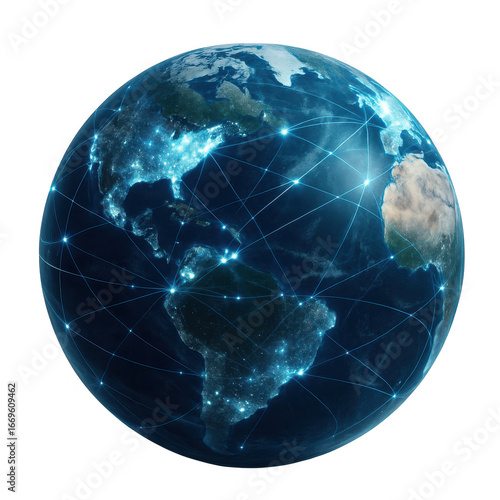 Globe with a network of lines connecting it. 3d isolated illustration on transparent background