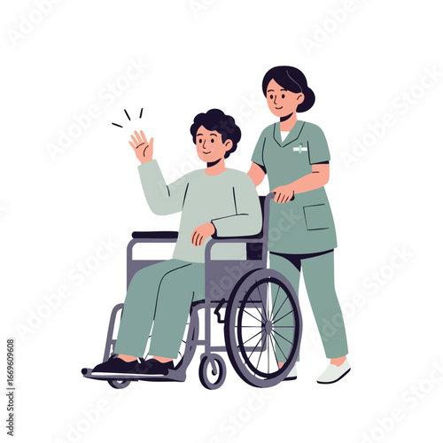 Nurse pushing a patient in a wheelchair providing care and assistance.