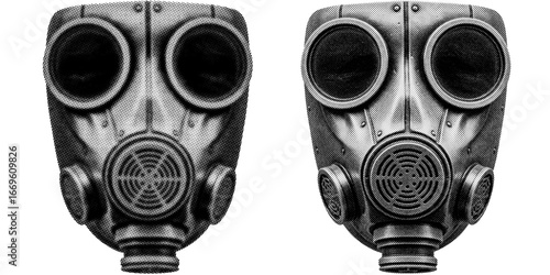 Retro vintage Gasmask halftone on transparent PNG. Ideal for overlays, posters, and designs. High-res, AI-based with human edited effects. Old vintage Gasmask in trendy dotted pop art style.