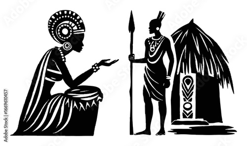 Traditional Hand Drawn Silhouette of African People and Hut Design