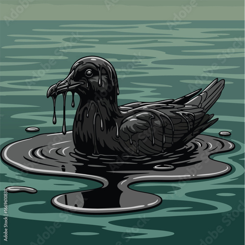Oil-Covered Seabird in Polluted Water.