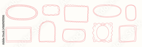 Coquette frames with doodle bows, ribbons. Hand Drawn whimsical line borders for birthday, christmas, wedding Invitations, menu. Vintage minimalist elements template. Trendy isolated Vector illustrati