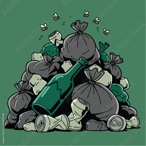 Cartoon illustration of an overflowing pile of garbage with trash bags a broken bottle and flies.