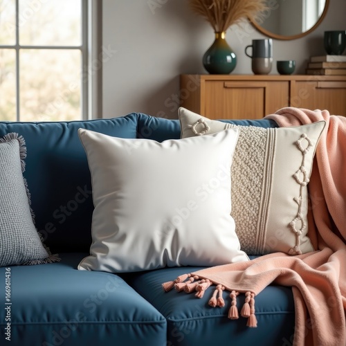 Pillow mockup a blue sofa with decorative pillows and a pink throw blanket in a staged living room setting indoors
