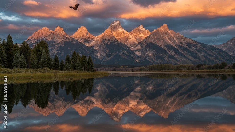 Fototapeta premium Majestic mountains mirroring in a serene lake at sunset, with an eagle soaring above, creating a breathtaking landscape that captures the harmony of nature and the freedom of wildlife