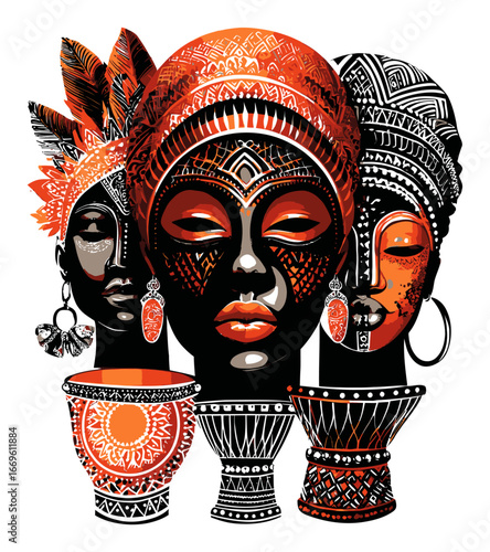 Vibrant Abstract Illustration of Tribal Faces and Decorative Elements