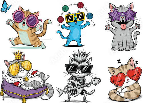 Funny cartoon cats, wearing sunglasses, juggling yarn, chasing butterfly, playing guitar, sleeping peacefully, royal feline, humorous pet illustration, expressive animal characters, comedy art