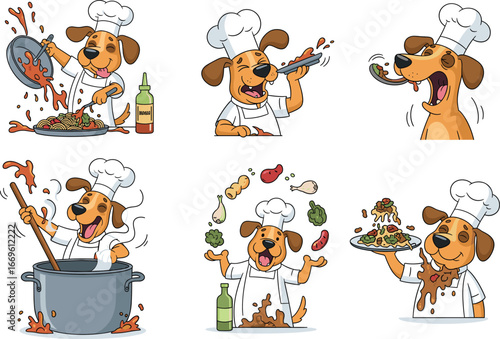 Cartoon dog chef, cooking spaghetti, tasting sausage, juggling food, humorous kitchen scene, messy cooking, playful canine cook, funny animal culinary illustration, food art