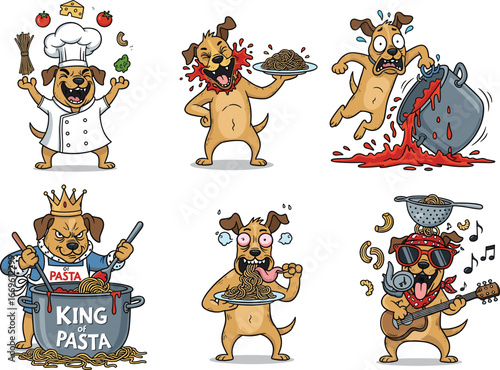 Cartoon dog pasta chef, spaghetti cooking, humorous food art, king of pasta, musical dog, funny canine eating noodles, playful culinary illustration