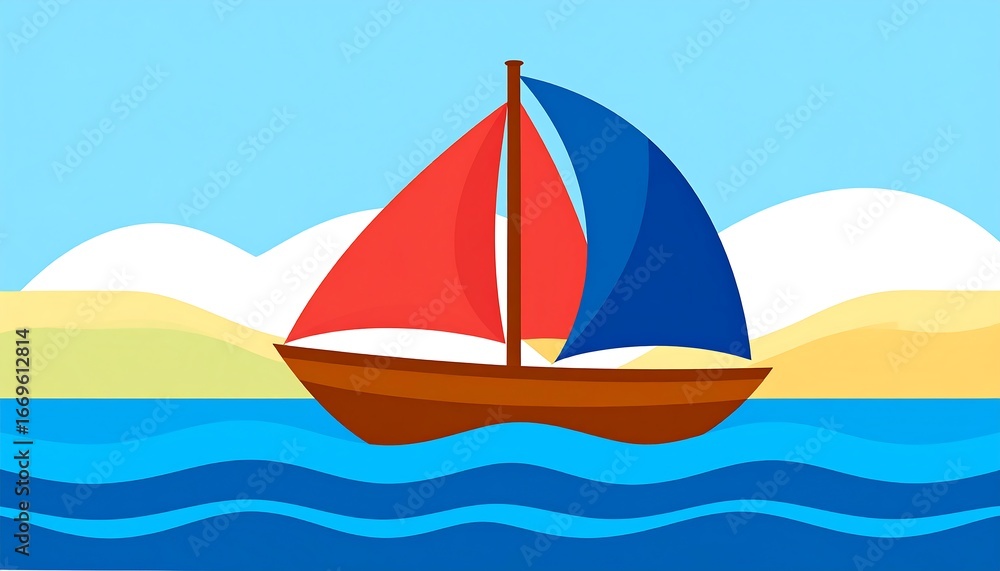 Fototapeta premium A cheerful sailing vessel floats on placid ocean waves, with a sandy beach and bright sky.