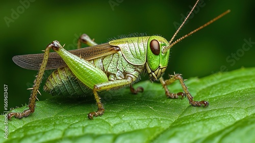 Wallpaper Mural Detailed macro image showcasing a vibrant green grasshopper perched on a lush green leaf outdoors. Torontodigital.ca