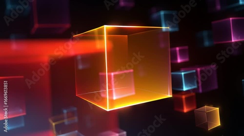 Glowing neon cube in futuristic digital space with vibrant abstract light effects holographic geometry techno background cyber aesthetic