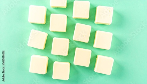 Wallpaper Mural A flat lay arrangement of light yellow square candies on a vibrant mint green surface. Torontodigital.ca