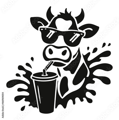 Cool Cow Enjoying a Drink with Sunglasses and Splashing Milk Background