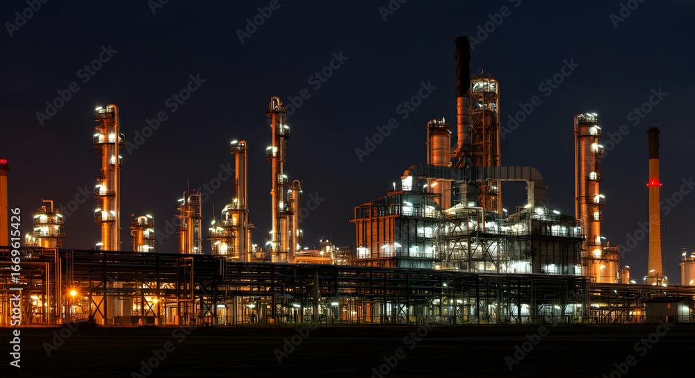 Fototapeta premium Illuminated industrial complex at night with multiple towers and pipelines under a dark blue sky, creating a stark contrast between the bright facility and the surrounding darkness.