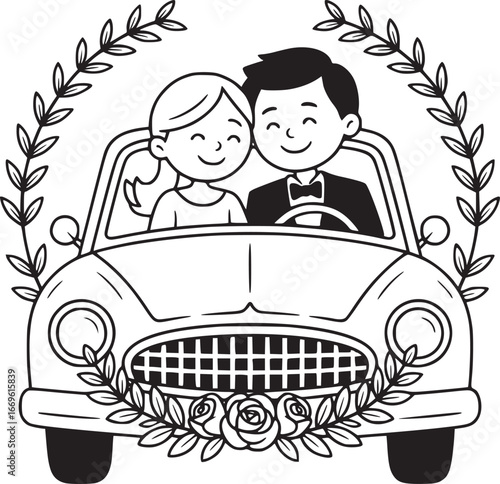 Wedding Car Illustration: A sweet couple embarks on their new journey of togetherness. The car is decorated with floral wreath, symbolizing love and happiness