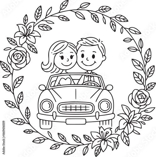 Wedding Bliss Car Illustration: A heartwarming illustration capturing a couple in their car, framed by a floral wreath, perfect for weddings.