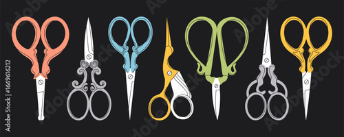 Set of various Scissors. Elegant, vintage, retro style. Hand drawn Vector illustration. Isolated design elements. Cutting hair, scissoring, shear concept