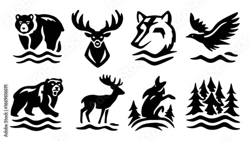 Wildlife Silhouettes Featuring Bears, Deer, Wolves, and Birds in Nature