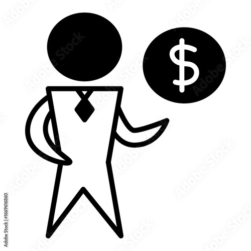 Conceptual, solid icon of a person holding a large dollar coin, representing a businessperson, financial investment, or a monetary offer.