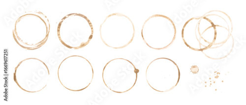 Coffee cup or tea stain drink ring vector illustration set isolated on white background. Coffee stain mark trace ring cup spot trace. Brown round splashes of drink collection.