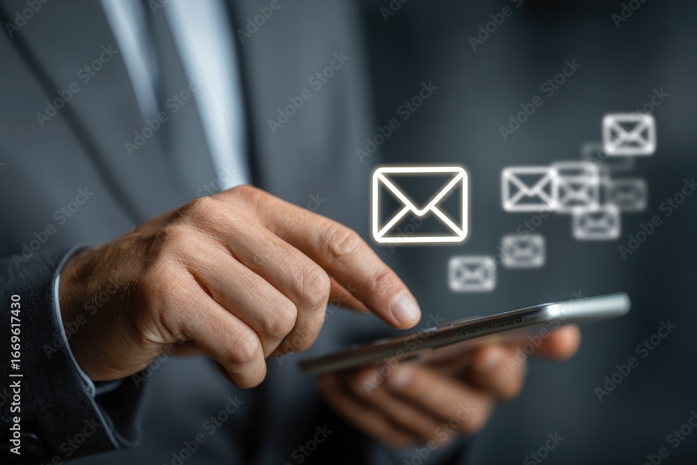 Businessman interacts with email icons on a tablet Businessman interacts with email icons on a tablet