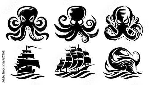 Artistic Black and White Illustrations of Octopus and Sailing Ships