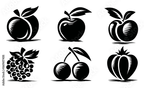 Black and White Fruit Illustrations with Leaves and Shadows