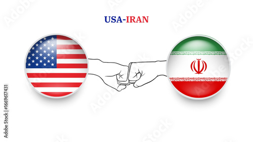 usa and iran flags in circle with punches hand. usa And iran clash. usa And iran flags, isolated on white background. Vector icon set. Vector illustration.