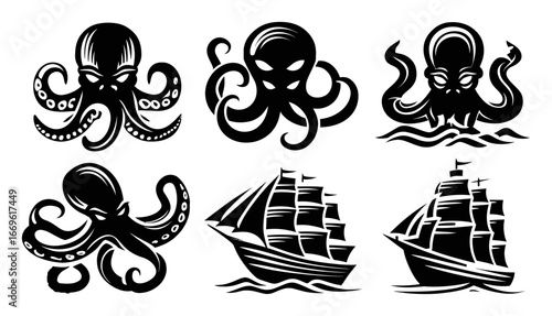 Vintage Style Octopus Illustrations and Classic Sailing Ship Designs