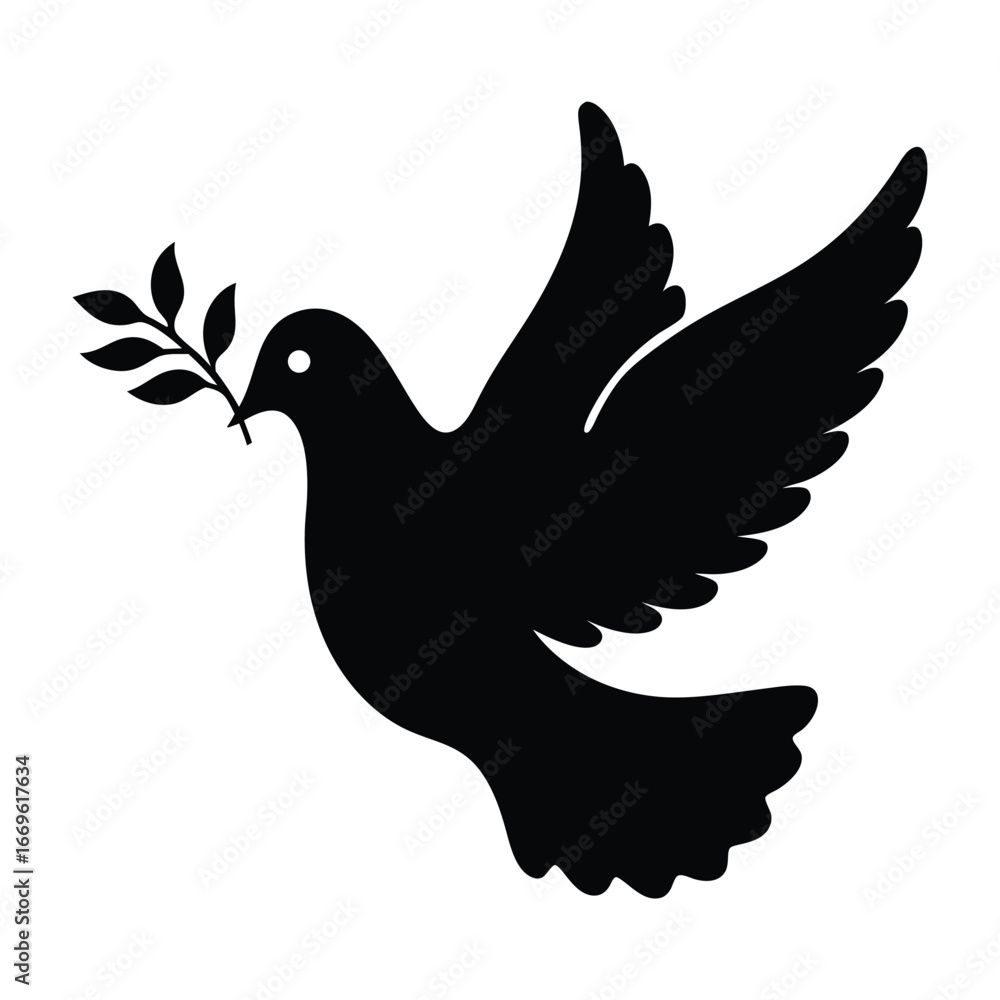 Fototapeta premium Dove peace symbol illustration: flying bird with olive branch for hope and freedom design