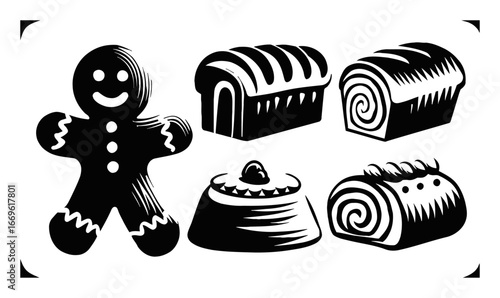 Vintage Style Illustration of Gingerbread Man and Various Breads