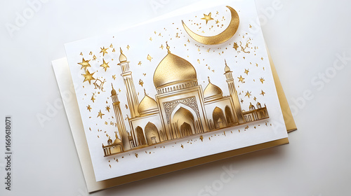 • Handcrafted Ramadan Mubarak greeting card set in Urdu with gold foiling and mosque artwork isolated on white background in HD 