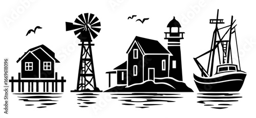 Coastal Scene with House, Windmill, Lighthouse, and Fishing Boat