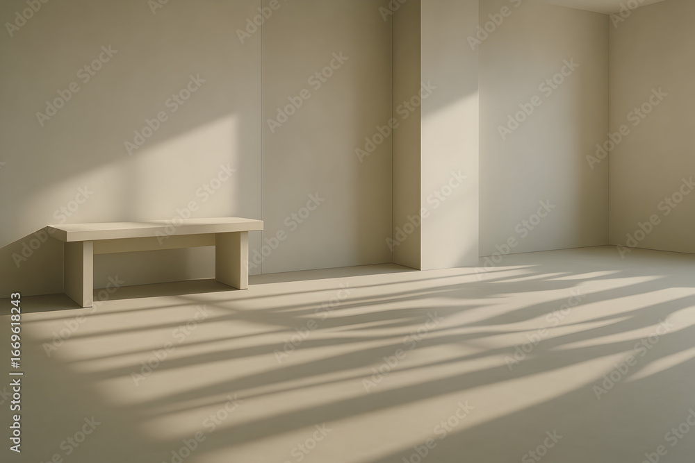 Fototapeta premium Empty room with light beige walls and white floor with shadows from windows. The room has a bench, minimalist and clean interior.