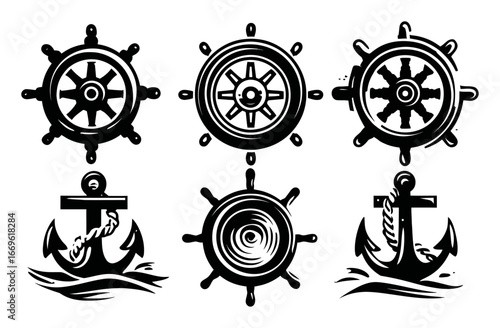 Black and White Nautical Symbols of Ship Wheels and Anchors Design